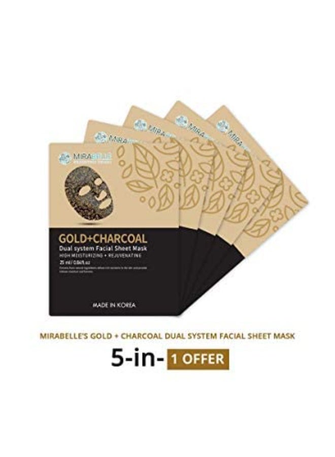 Mirabelle Korea GOLD+CHARCOAL DUAL SYSTEM Facial Sheet Mask 25Ml (PACK OF 5) - Image 1