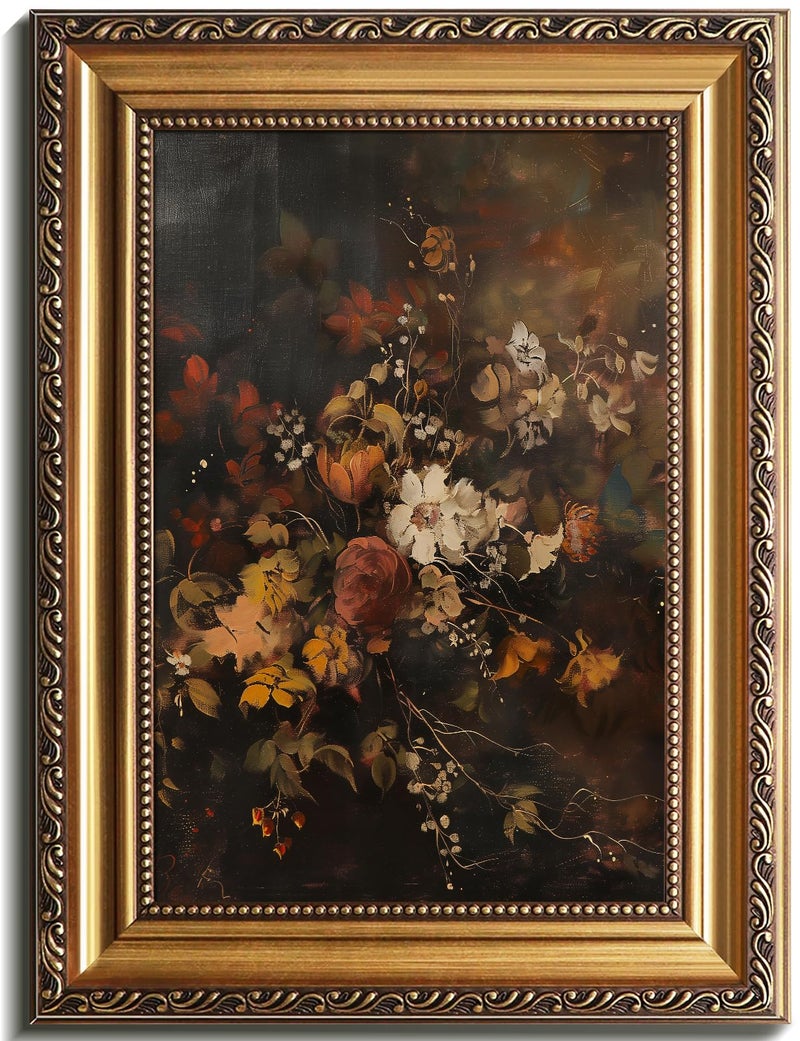 uniro Vintage Gold Framed Wall Art, Moody Dark Autumn Floral Wall Art Prints Painting, Retro Botonical Fall Wall Decor, Vintage Flower Posters for Room Aesthetic for Bedroom Living Room Bathroom Wall Decor - 12x16Inch - Image 1