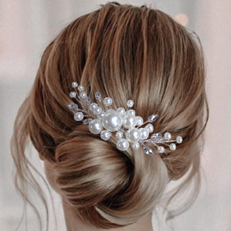 EVILD Pearl Hair Accessories Wedding Bride Hair Comb Bridal Hair Pieces for Women (Silver) - Image 1