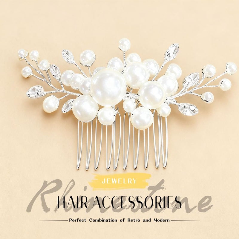 EVILD Pearl Hair Accessories Wedding Bride Hair Comb Bridal Hair Pieces for Women (Silver) - Image 2
