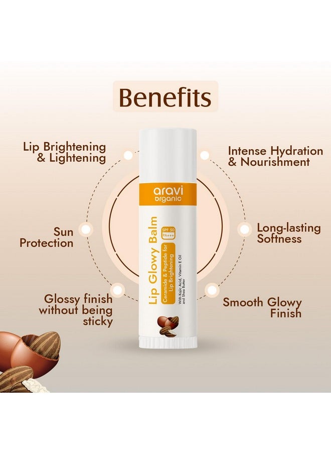 Aravi Organic - Lip Glowy Balm With Spf 50 Pa+++ & Kojic Acid - Ceramide & Peptide For Lip Brightening - Sls & Paraben Free 5 Gm - Image 1