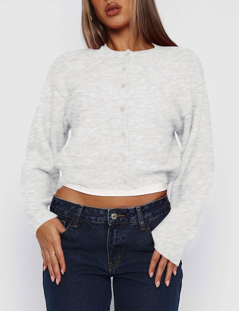 Kistore Womens Fall Cropped Cardigan Sweaters Lightweight Trendy Dressy Casual Button Up Ladies Cozy Knit Cardigan Light Gray Medium - Image 2