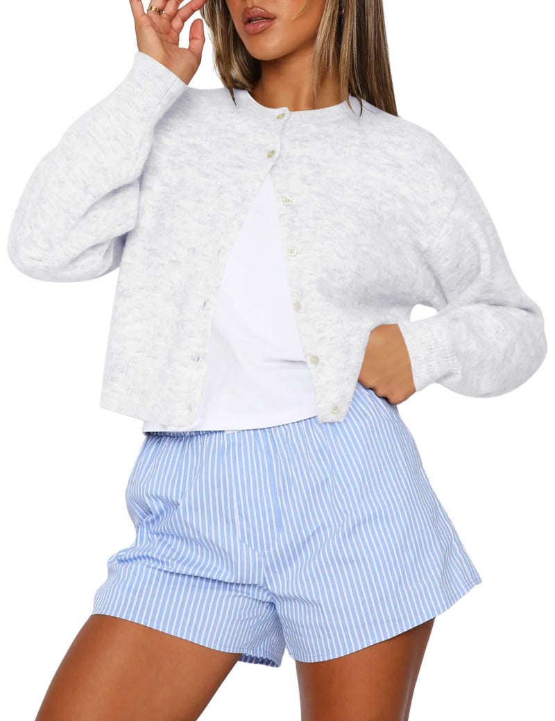 Kistore Womens Fall Cropped Cardigan Sweaters Lightweight Trendy Dressy Casual Button Up Ladies Cozy Knit Cardigan Light Gray Medium - Image 1