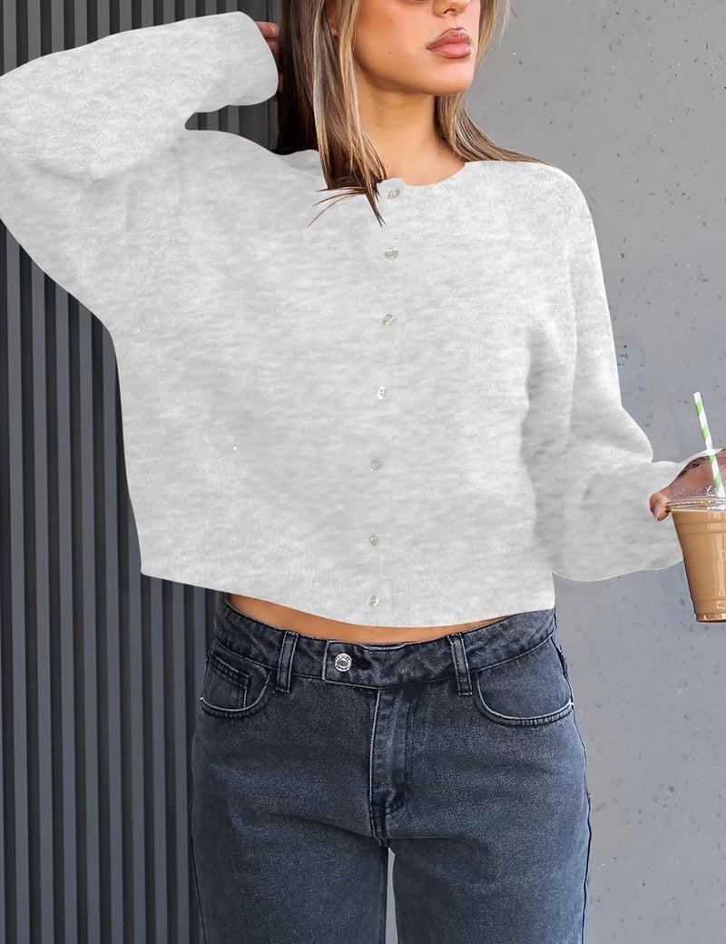 Kistore Womens Fall Cropped Cardigan Sweaters Lightweight Trendy Dressy Casual Button Up Ladies Cozy Knit Cardigan Light Gray Medium - Image 4