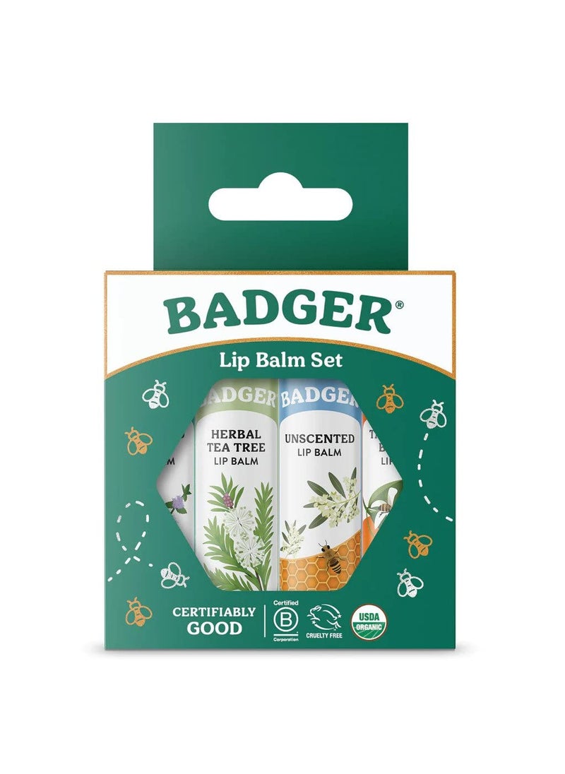 Badger Badger Classic Organic Lip Balm Set - Green Box, Long Lasting Lip Moisturizer Gift Set, Light Silky Texture, All Natural Lip Balm Variety Pack Lip Set (Unscented, Tea Tree, Mint & Tangerine), 4 pack 