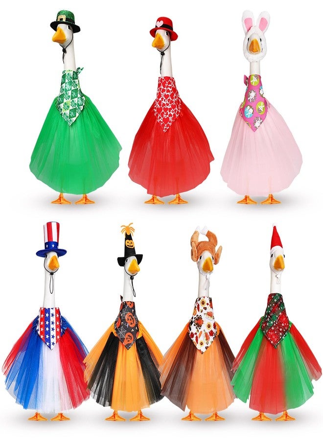 Locmeo 7 Set Holiday Porch Goose Outfits for 23" Valentine's Day St. Patrick Easter 4th of July All Seasons Theme Goose Costume Hat Tutu Skirt Bandanna for Patio Yard Decor - Image 1