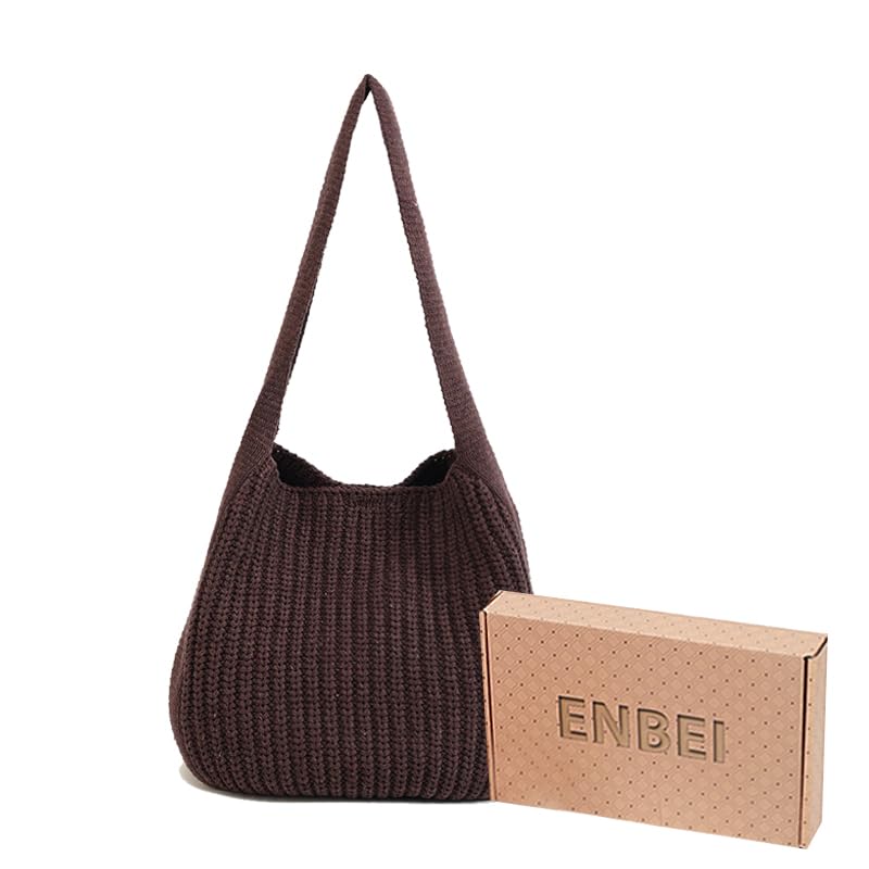 ENBEI Women's Handcrafted Crochet Tote Bag Knit Shoulder bag,All-Season Handwoven Beach Bag, Cute Eco-Friendly Handmade Tote for Shopping, Travel, Daily Use, Gift Box Packaging（Brown - Image 4