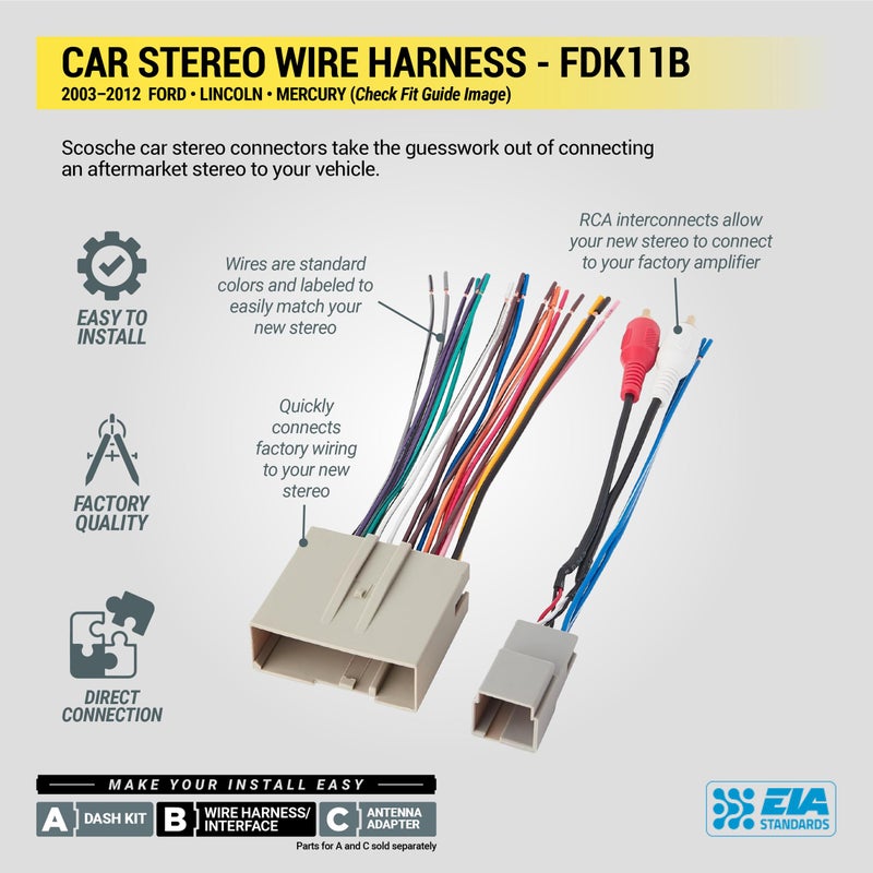 Scosche FDK11B Aftermarket Radio Wiring Harness for Select Factory Amplified 2003-12 Ford, Lincoln and Mercury Vehicles - Car Stereo Wire Harness - Check Vehicle List Notes in Images for Your Model - Image 4