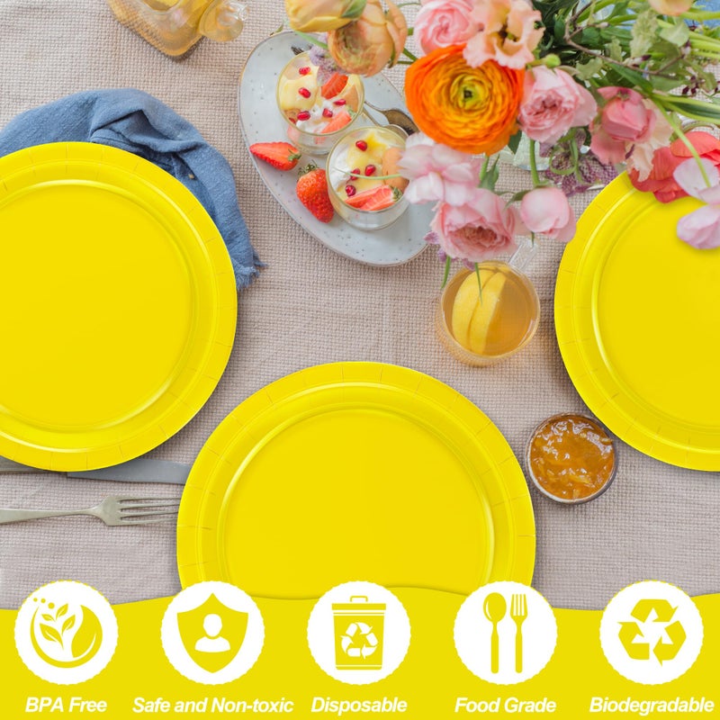 QZYL Paper Plates  100 PCS Yellow Disposable Plates  9 Inches Heavy Duty Dinner Plates Round Strong Dinnerware Bulk Tableware Supplies for Daily Meals Birthday Picnic Wedding Baby Shower - Image 2