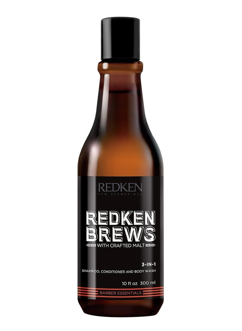 Redken Brews 3-IN-1 men's Shampoo, Conditioner, and Body Wash | Multi-Purpose Hair & Body Cleanser for Men | Moisturizes & Strengthens | All-In-One Soap - Image 1