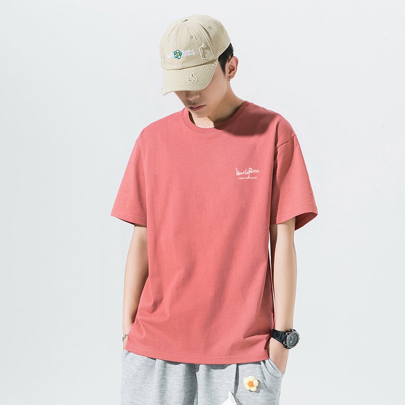 تي شيرت رجالي بأكمام قصيرة صيفي فضفاض يناسب جميع الأوقات تي شيرت بأكمام نصفية قميص عصرية للطلاب عبر الحدود أحمر [A6] - Image 1