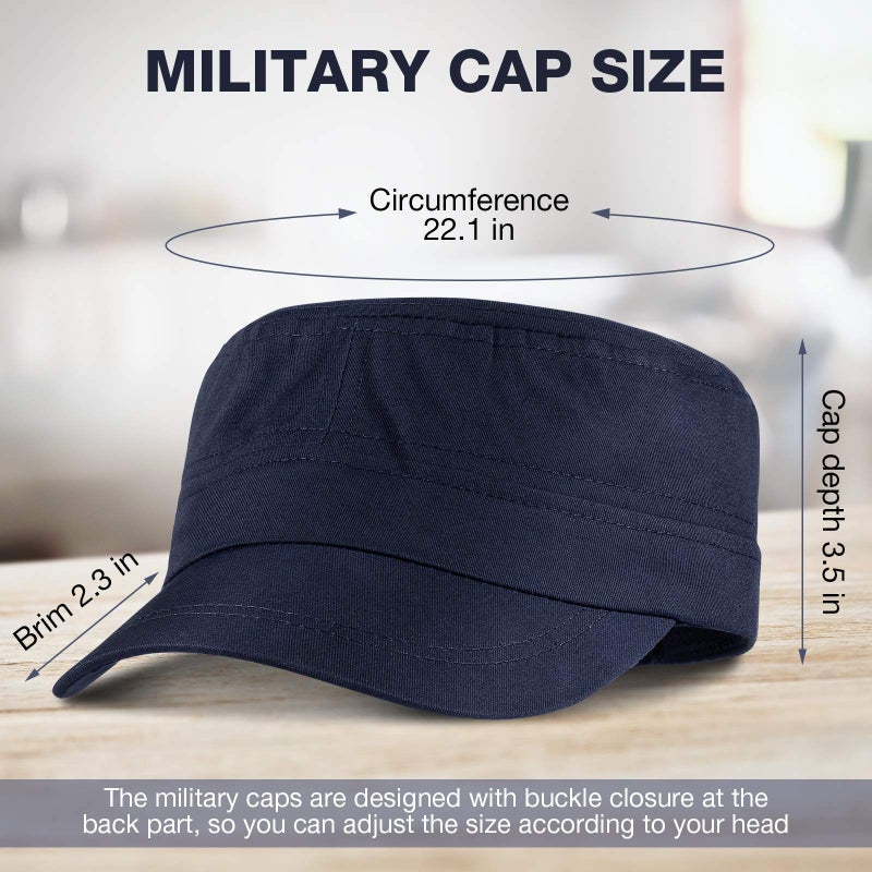 Eurzom 6 Pieces Military Style Hat Cadet Cap Army Fitted Basic Army Vintage Military Cap Adjustable Costume Cotton Twill Flat Top Hats for Men Women, Solid Color - Image 2