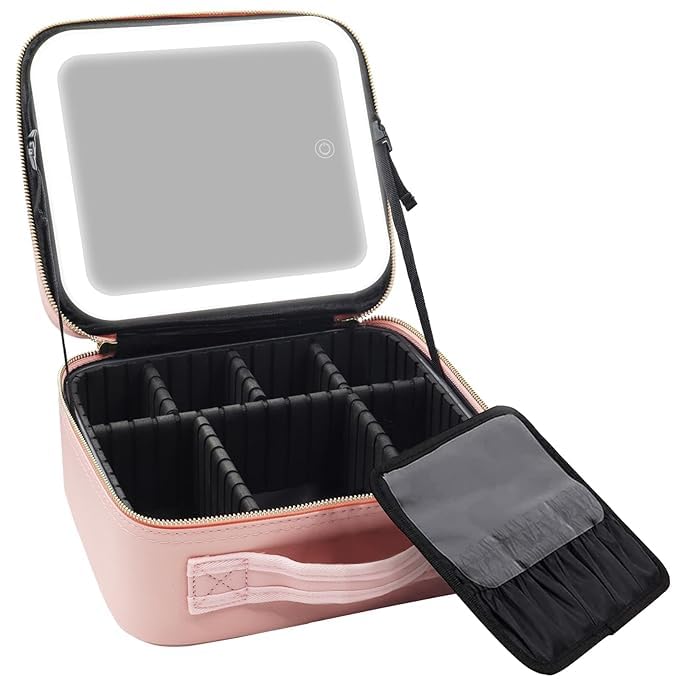 Shrevi Travel Makeup Bag Cosmetic Organizer Bag with Large Magnetic Removable Lighted Mirror Makeup Case with Mirror and Lights 3Color Modes Adjustable Brightness 360 Angle - Image 1