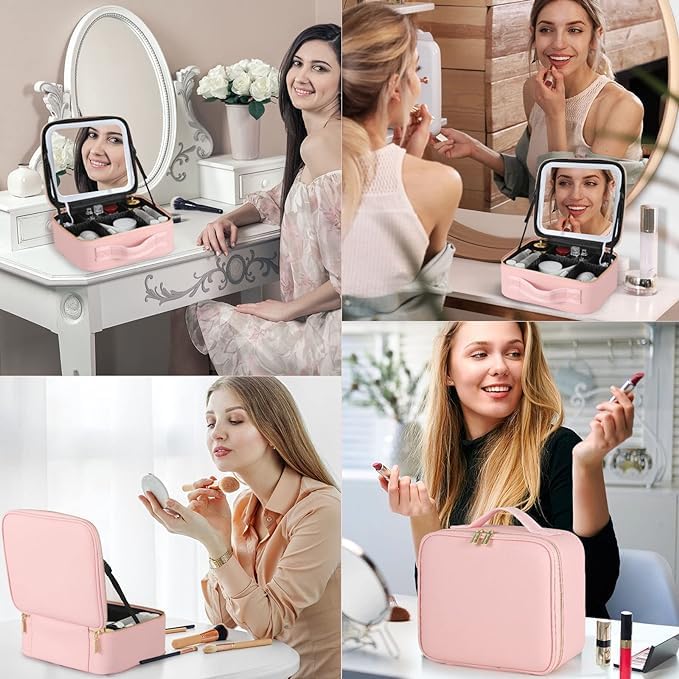Shrevi Travel Makeup Bag Cosmetic Organizer Bag with Large Magnetic Removable Lighted Mirror Makeup Case with Mirror and Lights 3Color Modes Adjustable Brightness 360 Angle - Image 2
