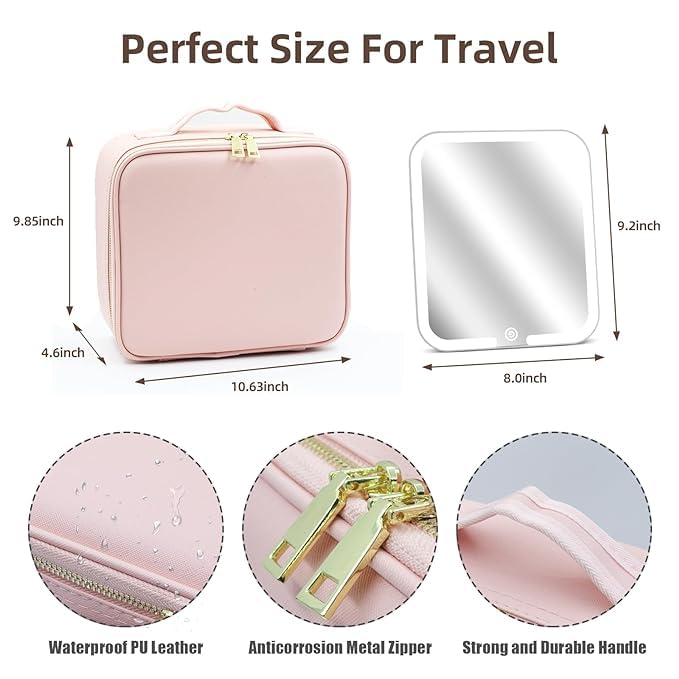 Shrevi Travel Makeup Bag Cosmetic Organizer Bag with Large Magnetic Removable Lighted Mirror Makeup Case with Mirror and Lights 3Color Modes Adjustable Brightness 360 Angle - Image 4