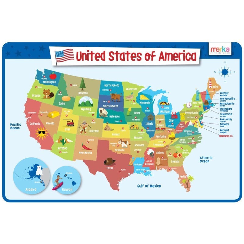 merka United States Map Placemat 17 x 11 in Laminated Multicolor Reusable Kids Dining Mat with Secure Backing State Capitals Map
