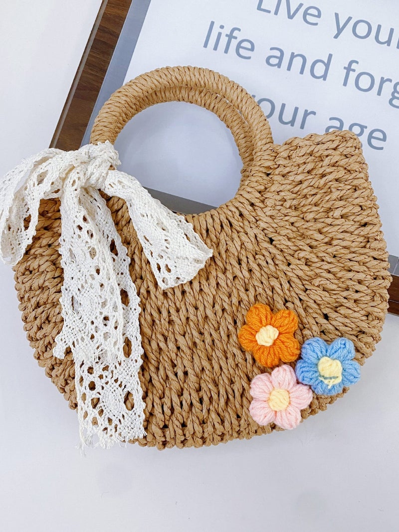 Straw Woven Bag, New Style, Fresh And Simple, Hand-Held, Cross-Body, Floral Decoration, Dual-Use Paper Rope Shoulder Bag, Mini Round Woven Bag - Image 4