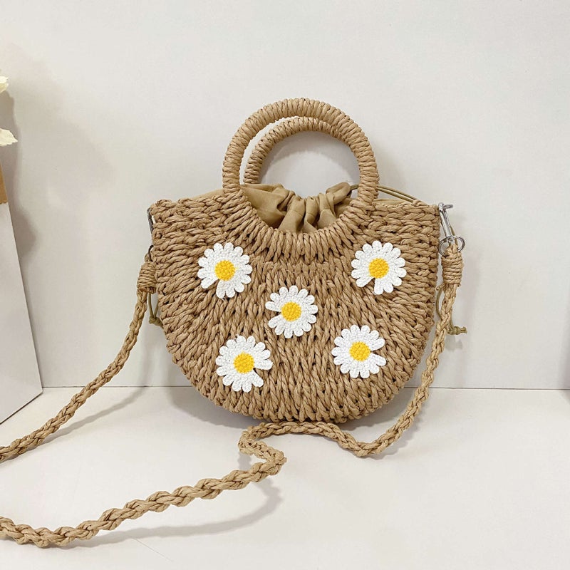 Straw Woven Bag, New Style, Fresh And Simple, Hand-Held, Cross-Body, Floral Decoration, Dual-Use Paper Rope Shoulder Bag, Mini Round Woven Bag - Image 1