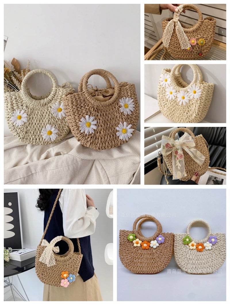 Straw Woven Bag, New Style, Fresh And Simple, Hand-Held, Cross-Body, Floral Decoration, Dual-Use Paper Rope Shoulder Bag, Mini Round Woven Bag - Image 2