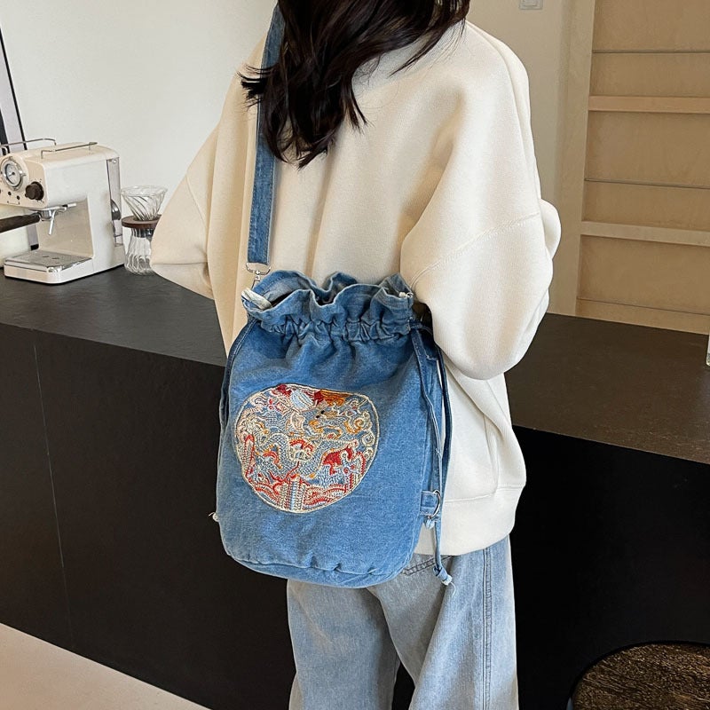 Chinese Style Embroidered Backpack Casual Denim Shoulder Bag Personalized Crossbody Bag Bucket Bag - Image 3