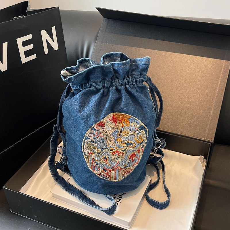 Chinese Style Embroidered Backpack Casual Denim Shoulder Bag Personalized Crossbody Bag Bucket Bag - Image 4