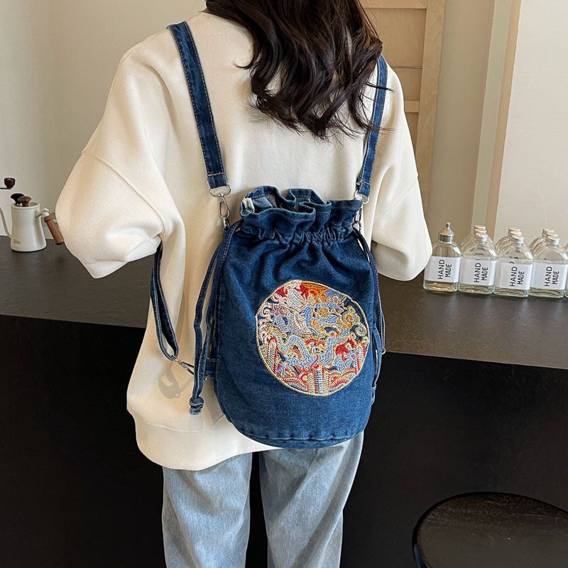 Chinese Style Embroidered Backpack Casual Denim Shoulder Bag Personalized Crossbody Bag Bucket Bag - Image 2