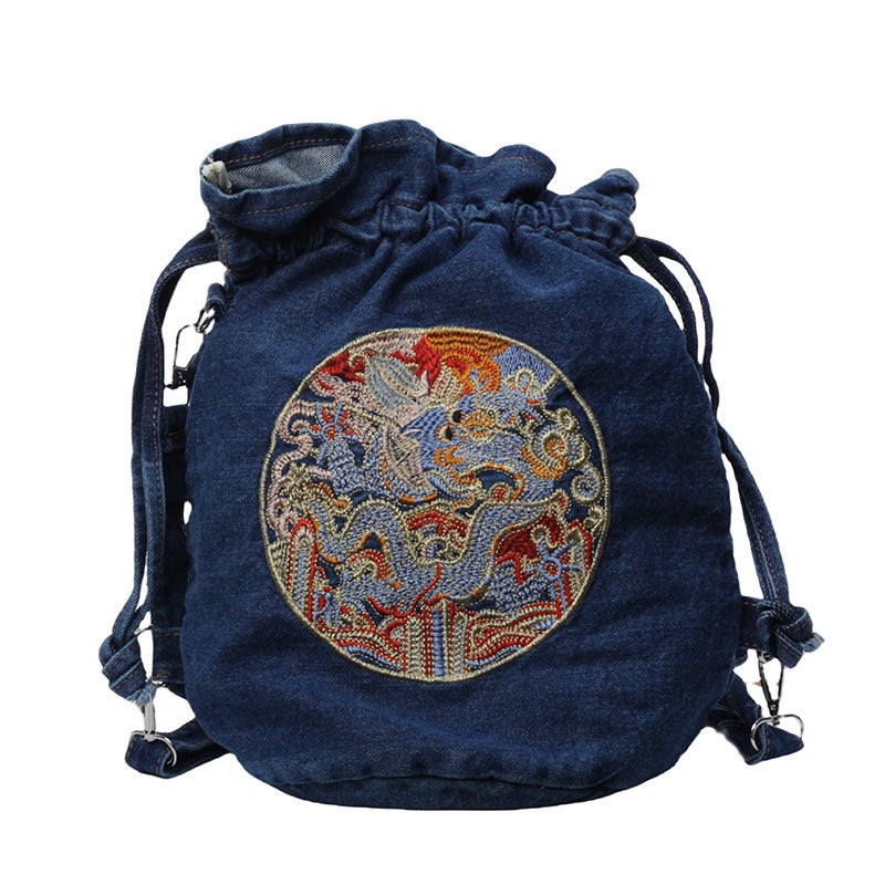 Chinese Style Embroidered Backpack Casual Denim Shoulder Bag Personalized Crossbody Bag Bucket Bag - Image 1