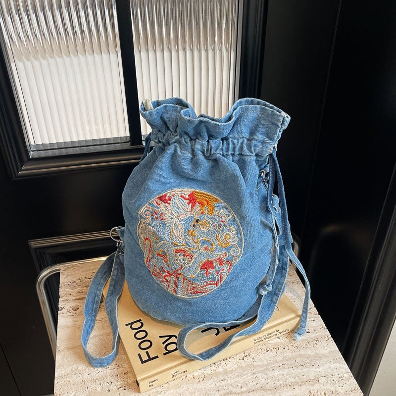 Chinese Style Embroidered Backpack Casual Denim Shoulder Bag Personalized Crossbody Bag Bucket Bag - Image 5