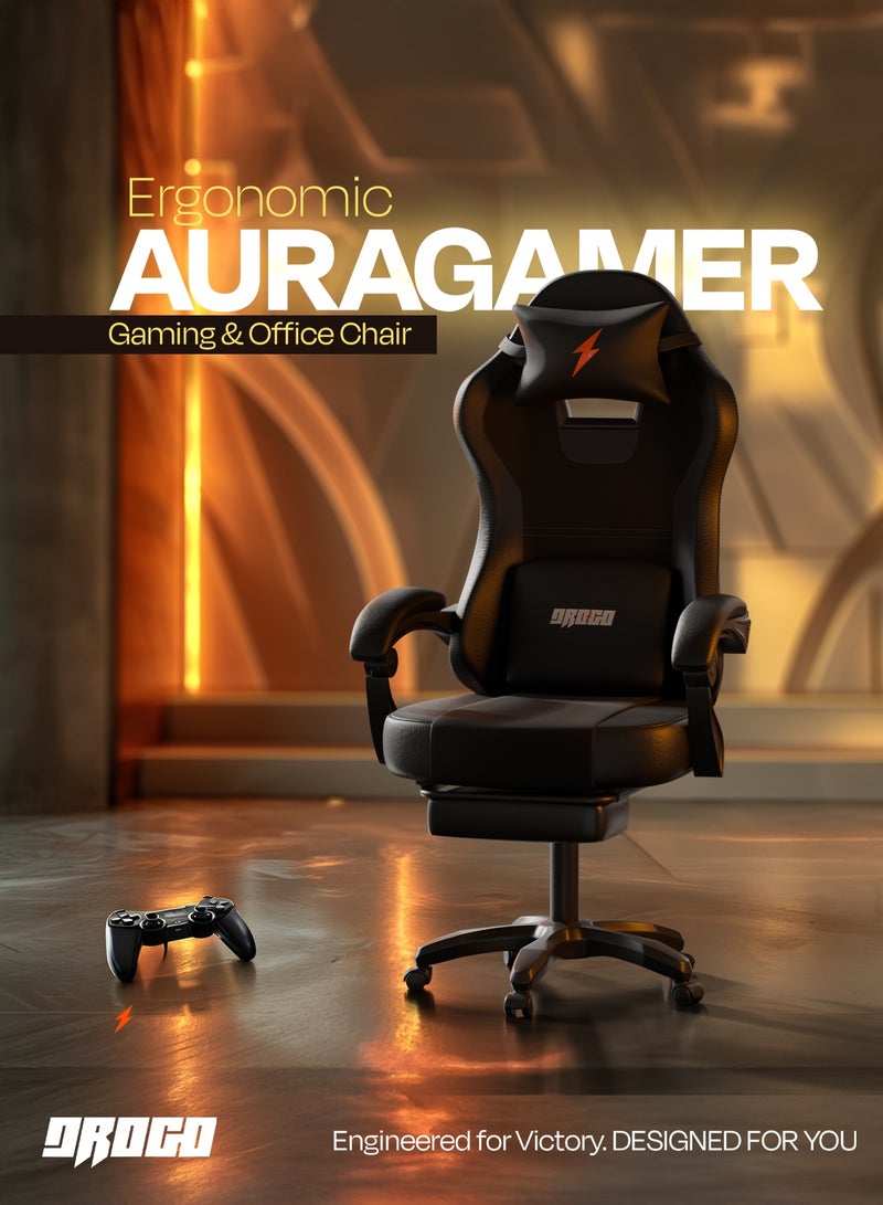 دراجو كرسي ألعاب أورا المريح بتصميم هندسي، مصنوع من جلد PU فاخر، مزود بمساند ذراع قابلة للتعديل، ووسادة قابلة للتعديل للرقبة والظهر | كرسي ألعاب فيديو | كرسي كمبيوتر للدراسة | كراسي مكتبية للعمل من المنزل مع إمكانية الإمالة، لون أسود - Image 2