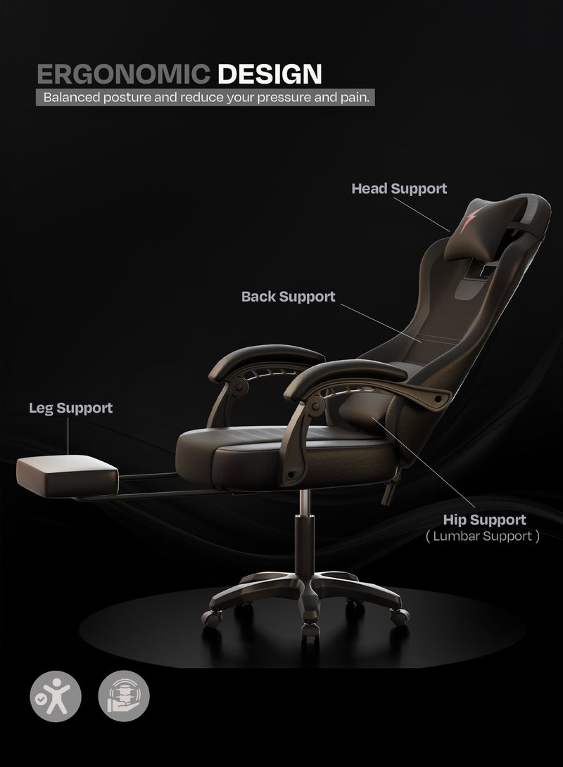 دراجو كرسي ألعاب أورا المريح بتصميم هندسي، مصنوع من جلد PU فاخر، مزود بمساند ذراع قابلة للتعديل، ووسادة قابلة للتعديل للرقبة والظهر | كرسي ألعاب فيديو | كرسي كمبيوتر للدراسة | كراسي مكتبية للعمل من المنزل مع إمكانية الإمالة، لون أسود - Image 4