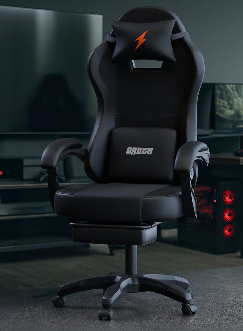 دراجو كرسي ألعاب أورا المريح بتصميم هندسي، مصنوع من جلد PU فاخر، مزود بمساند ذراع قابلة للتعديل، ووسادة قابلة للتعديل للرقبة والظهر | كرسي ألعاب فيديو | كرسي كمبيوتر للدراسة | كراسي مكتبية للعمل من المنزل مع إمكانية الإمالة، لون أسود - Image 1