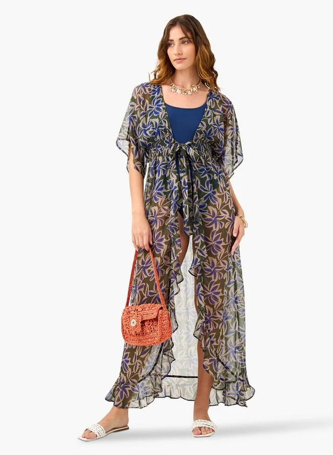 Splash FAV All-Over Floral Print Cover-Up with Tie-Ups and Shirred Detail