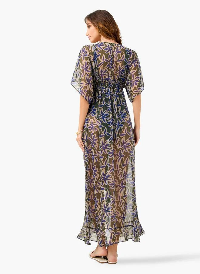 Splash FAV All-Over Floral Print Cover-Up with Tie-Ups and Shirred Detail