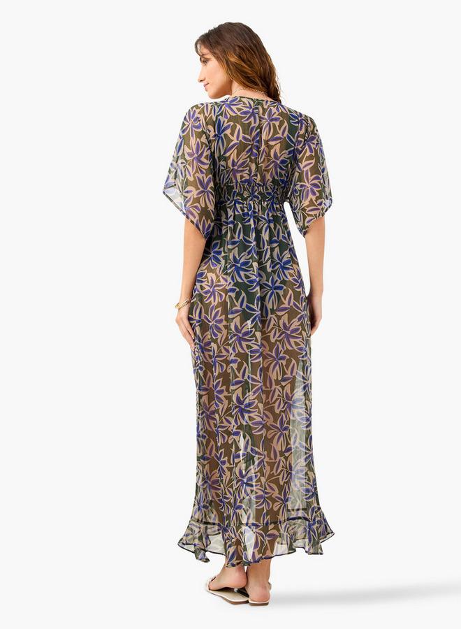 سبلاش فيڤ غطاء بنقشة زهور شامل مع رباط وتفاصيل مزمومة - Image 3