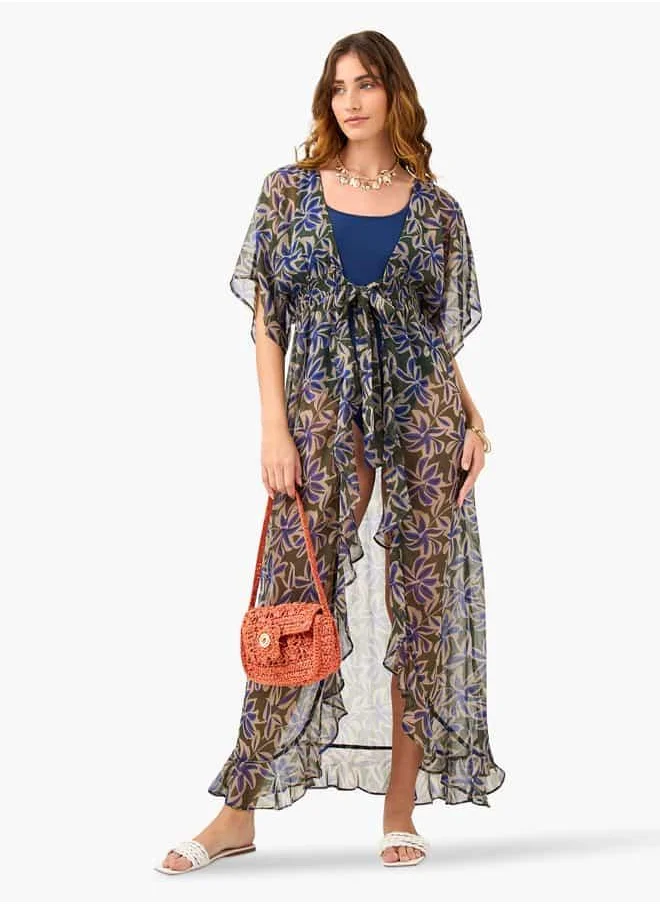 فاف All-Over Floral Print Cover-Up with Tie-Ups and Shirred Detail