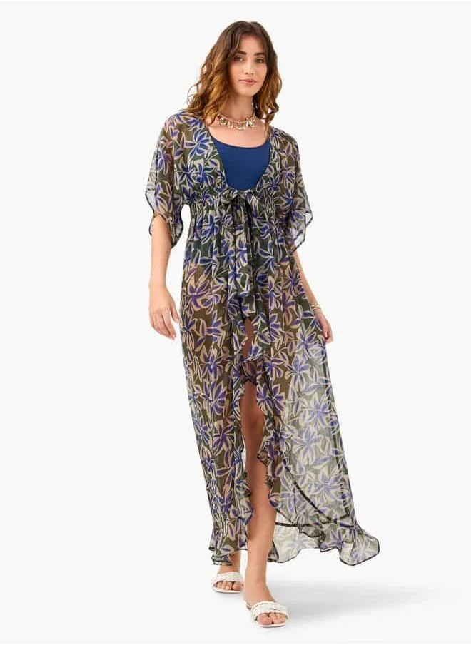 فاف All-Over Floral Print Cover-Up with Tie-Ups and Shirred Detail
