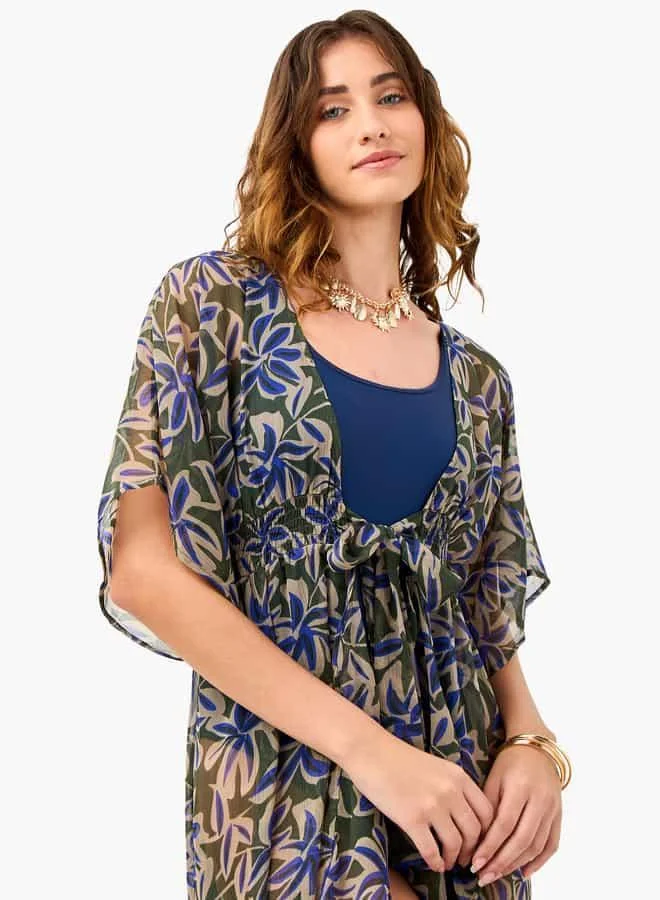 Splash FAV All-Over Floral Print Cover-Up with Tie-Ups and Shirred Detail