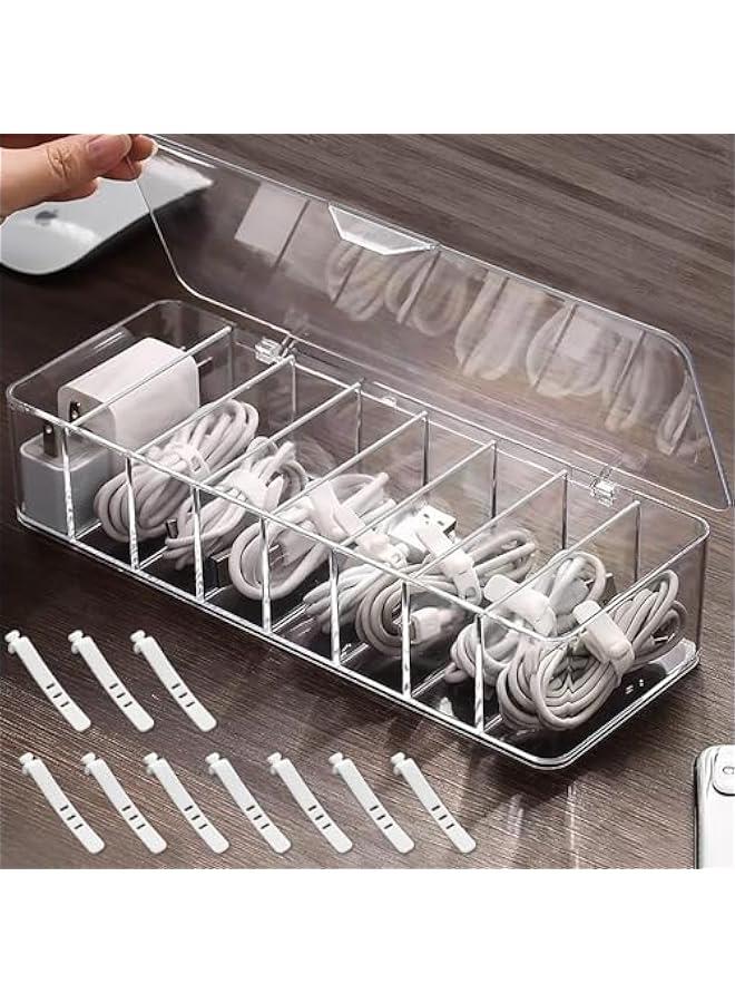 HOOKOR Data Cable Organizer Box with 10 Wire Ties, Clear Electronics Organizer Boxes, Plastic Cable Management Box, 8 Capacity Acrylic Charger Organizer, Electronics Organizer for Office - Image 1