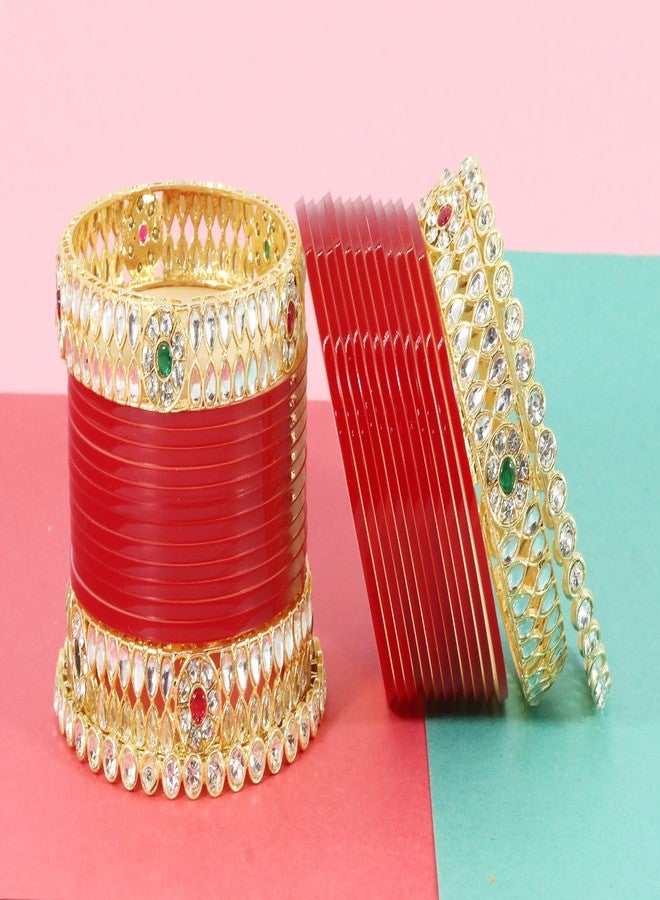 LAVAZZA Pearls Punjabi Chooda Set - Rajasthani Chuda Bangles - Women's Red Chuda Set for Wedding - Image 3