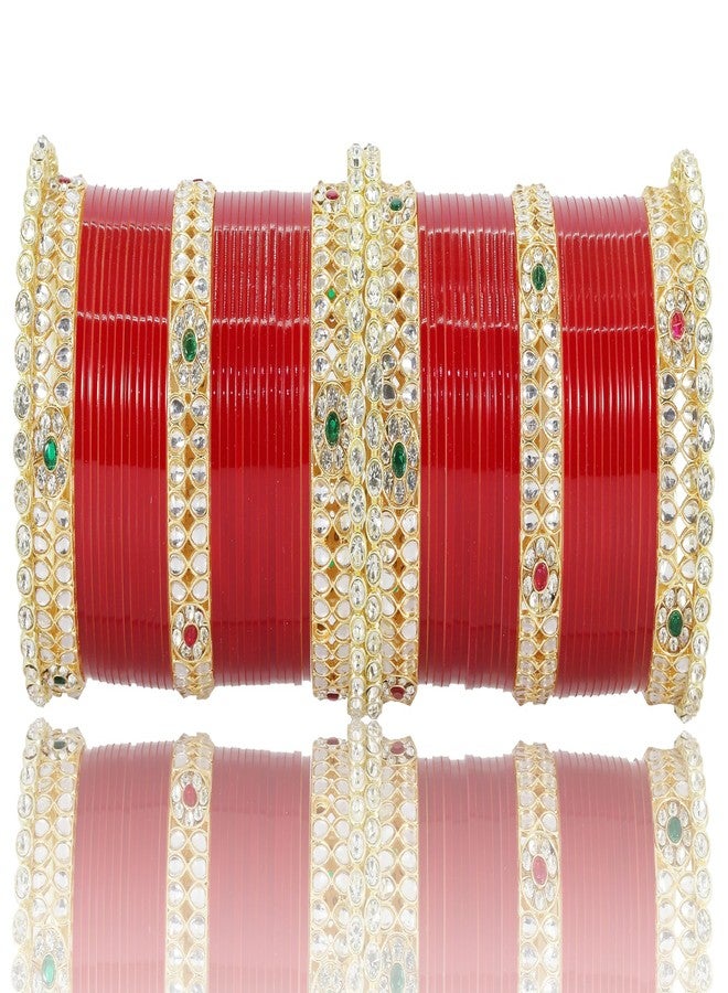 LAVAZZA Pearls Punjabi Chooda Set - Rajasthani Chuda Bangles - Women's Red Chuda Set for Wedding - Image 1
