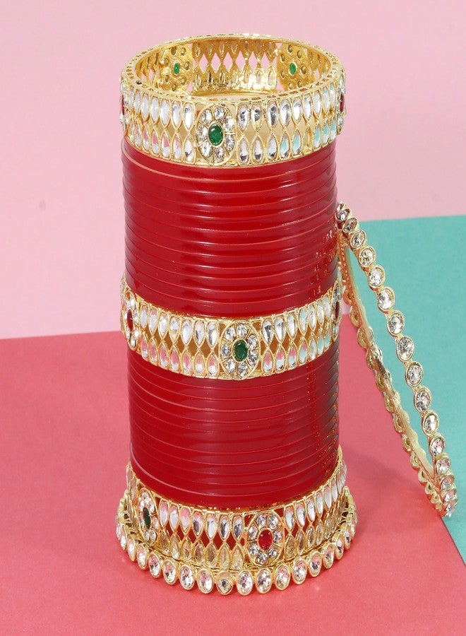 LAVAZZA Pearls Punjabi Chooda Set - Rajasthani Chuda Bangles - Women's Red Chuda Set for Wedding - Image 4