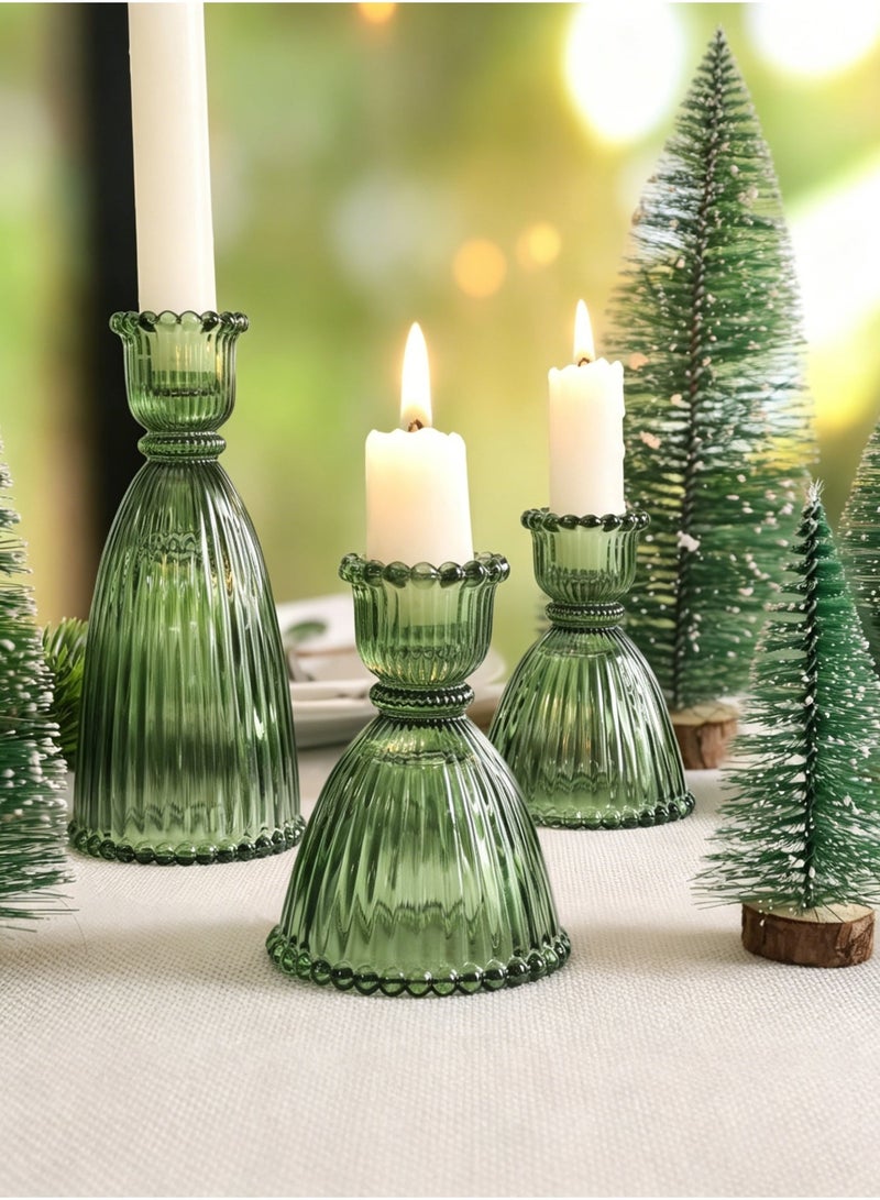 MAIDI Set of 6 Classic Green Glass Candlestick Holders (9 cm / 15 cm), Tall Cone Candle Stand for Taper Candles, Elegant Party Table Decor - Image 1