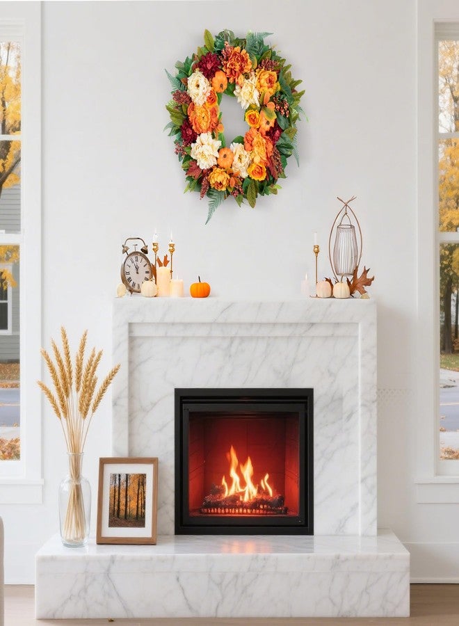 PureCosy 24" Fall Wreath for Front Door, Large Autumn Peony Wreath with Pumpkins, Dahlias, Fall Door Decoration for Home Porch Farmhouse Decor, Thanksgiving Halloween Decoration - Image 4
