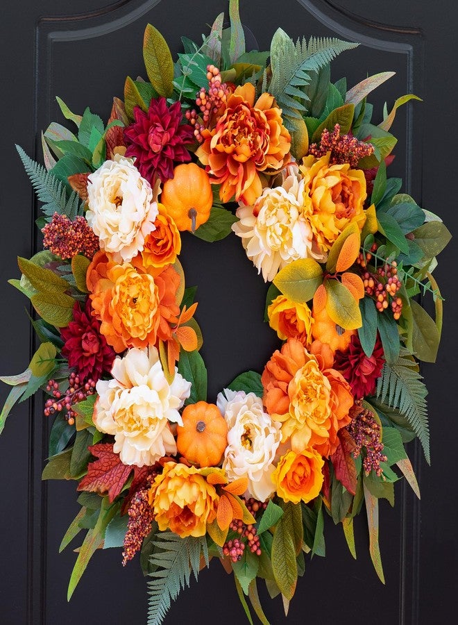 PureCosy 24" Fall Wreath for Front Door, Large Autumn Peony Wreath with Pumpkins, Dahlias, Fall Door Decoration for Home Porch Farmhouse Decor, Thanksgiving Halloween Decoration - Image 1