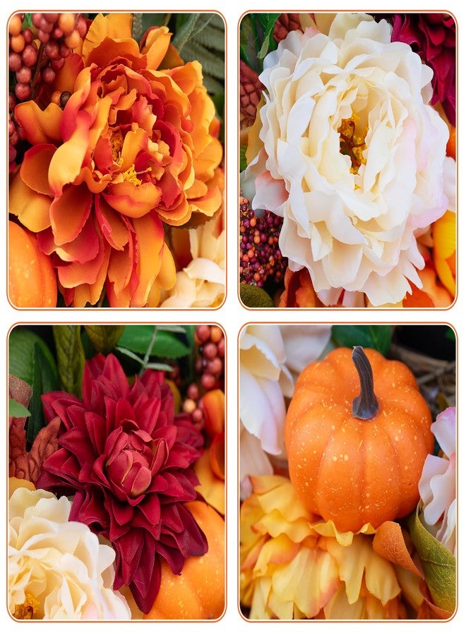 PureCosy 24" Fall Wreath for Front Door, Large Autumn Peony Wreath with Pumpkins, Dahlias, Fall Door Decoration for Home Porch Farmhouse Decor, Thanksgiving Halloween Decoration - Image 3