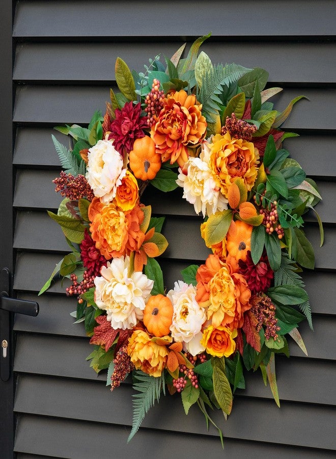 PureCosy 24" Fall Wreath for Front Door, Large Autumn Peony Wreath with Pumpkins, Dahlias, Fall Door Decoration for Home Porch Farmhouse Decor, Thanksgiving Halloween Decoration - Image 2