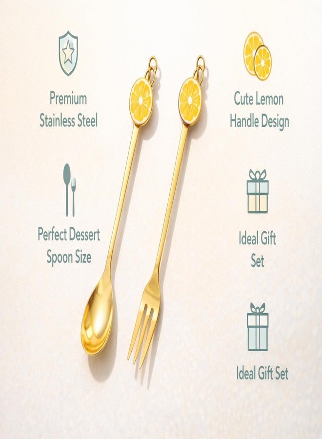 Teraabliss Premium Gold Plated Stainless Steel Spoon & Fork Set (4 Pieces) with Cute Fruit & Decorative Handles – Luxury Dessert Cutlery Set with Gift Box for Kids, Tea & Gifting (Lemon) - Image 2