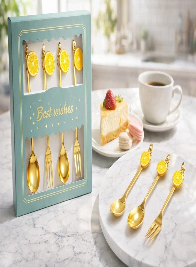 Teraabliss Premium Gold Plated Stainless Steel Spoon & Fork Set (4 Pieces) with Cute Fruit & Decorative Handles – Luxury Dessert Cutlery Set with Gift Box for Kids, Tea & Gifting (Lemon) - Image 3