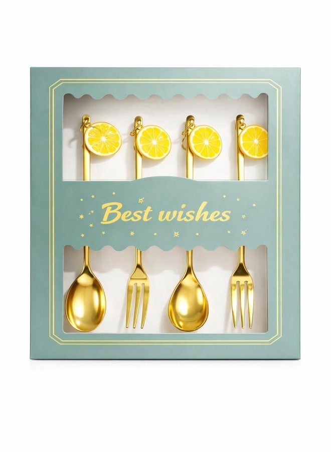 Teraabliss Premium Gold Plated Stainless Steel Spoon & Fork Set (4 Pieces) with Cute Fruit & Decorative Handles – Luxury Dessert Cutlery Set with Gift Box for Kids, Tea & Gifting (Lemon) - Image 1
