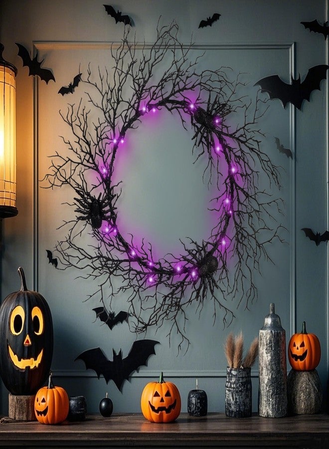Adroiteet Halloween 24 Inch Black Spider Artificial Wreath with Purple Lights, Spooky Front Door Decorations for Indoor Outdoor Holiday Party - Image 3